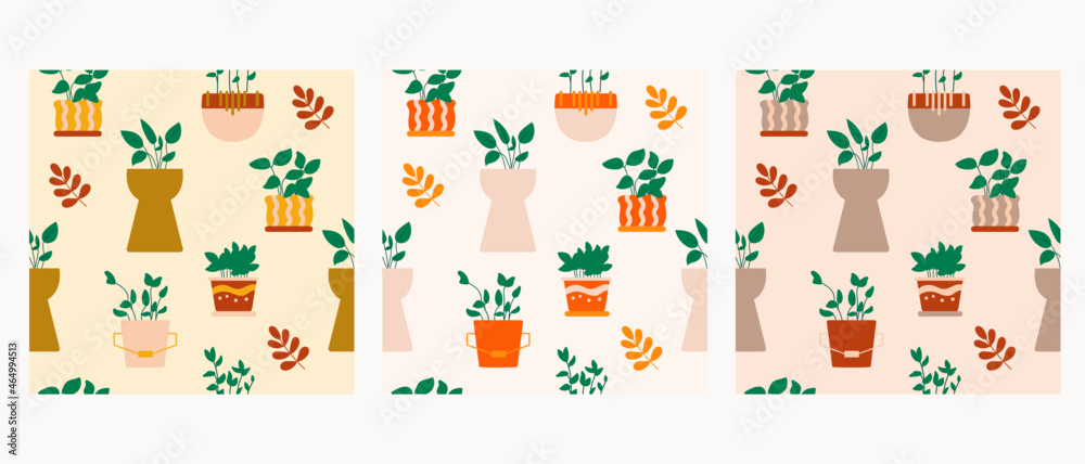 Illustration set of potted house plants seamless pattern