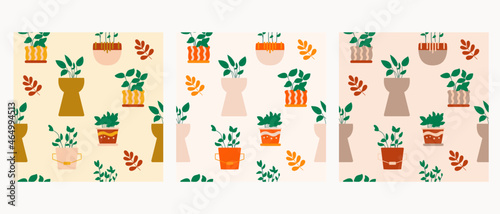 Illustration set of potted house plants seamless pattern