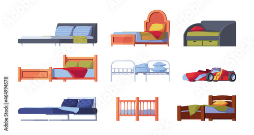 Modern beds. Relaxing places with wooden furniture with mattress garish vector flat pictures set isolated