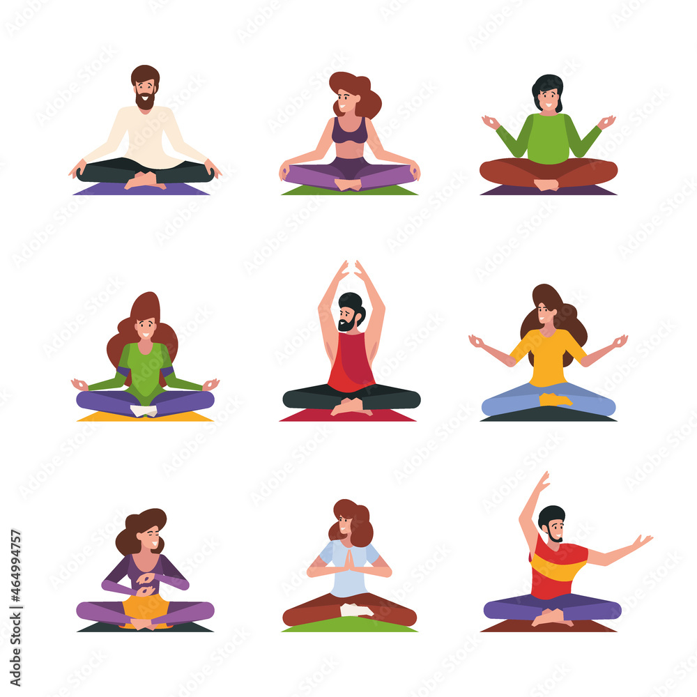 Meditation persons. Mindfulness characters breathing relaxing people sitting in yoga poses garish vector pictures collection Meditation persons. Mindfulness characters breathing relaxing people sitting in yoga poses garish vector pictures collection