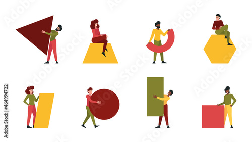 People holding shapes. Abstract characters standing walking and holding geometrical forms square triangle circle garish vector flat illustration