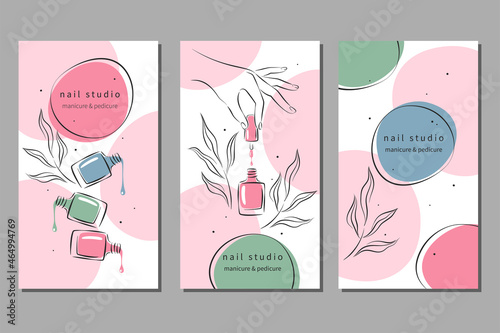 Set of design for nail studio for social media posts and stories, mobile apps. Nail polish, nail brush, manicured female hands. Vector illustrations