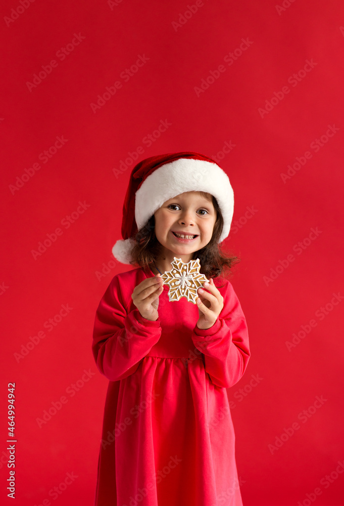 Girl in santa hat with christmas gingerbread - snowflake