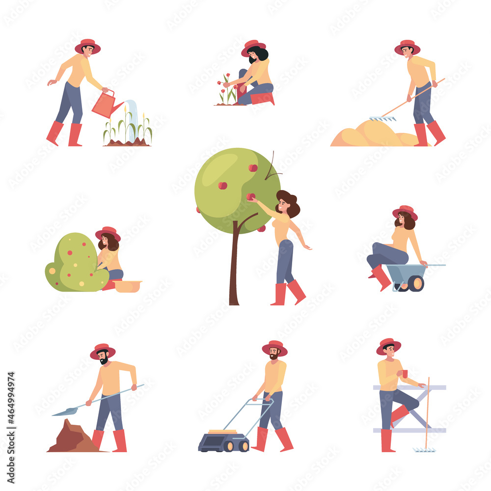 Farmers carrying. Agricultural workers outdoor activities farmers watering plants garish vector flat illustrations in flat style
