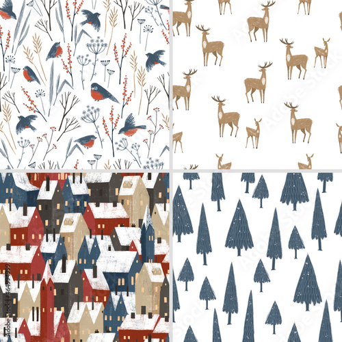 Seamless pattern with hand drawn textured houses, forest, forest animals. Cute old town, animals, plants, perfect for winter wrapping paper or fabric. © dinkoobraz