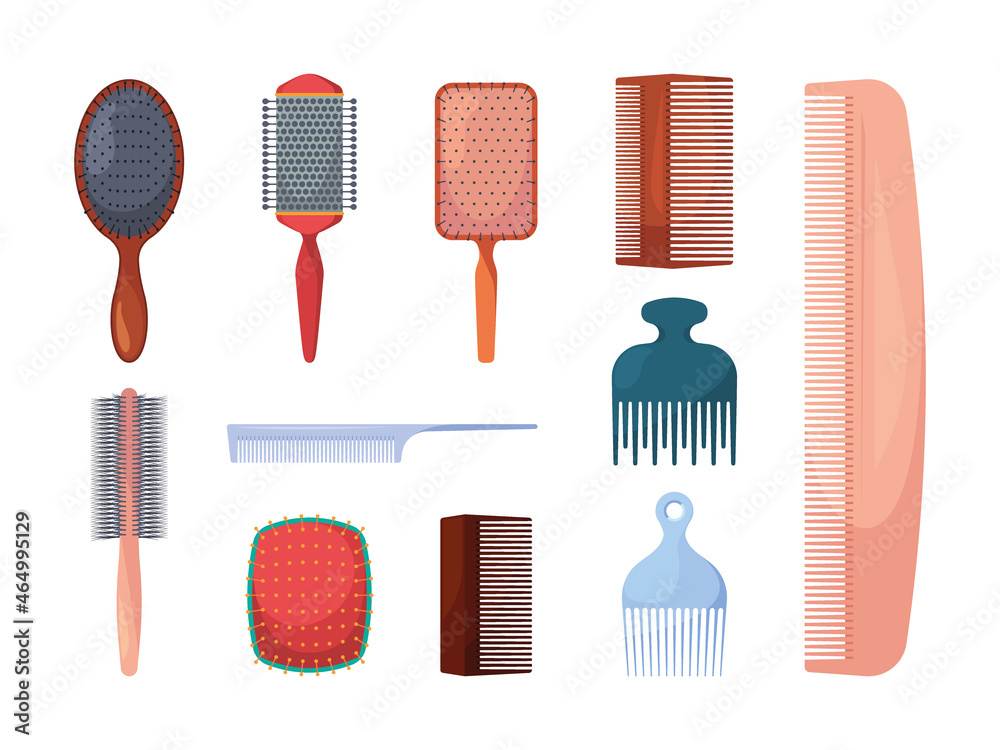 Hair combs. Barber shop items beauty salon objects woman combs collection garish vector isolated set