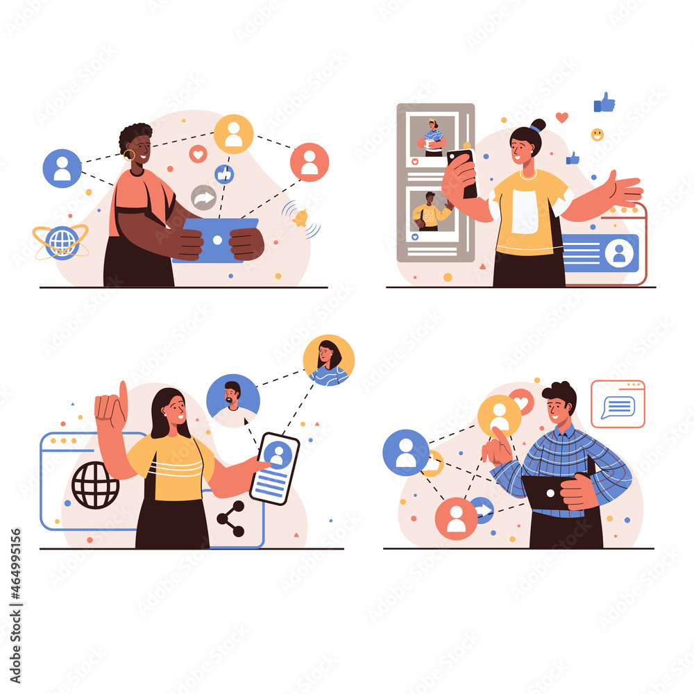 Social network people concept isolated scenes set. Men and women communicate online, chatting in messenger, post photos, view friends feed, connectivity profiles. Vector illustration in flat design