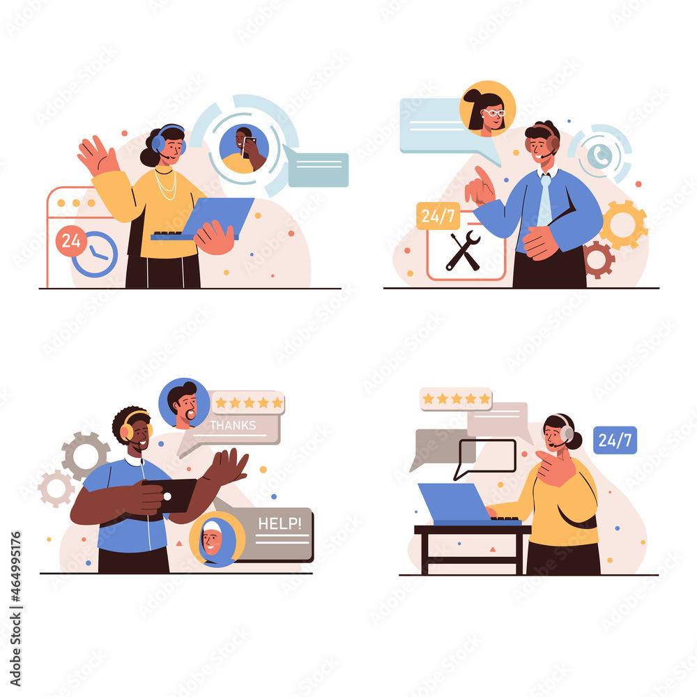 Customer service people concept isolated scenes set. Men and women in headphones advise clients in chats, answer calls, help around clock, working at call center. Vector illustration in flat design
