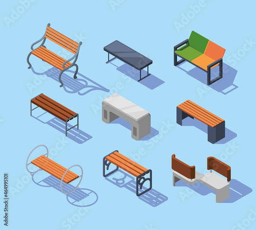 Isometric benches. Urban outdoor modern city furniture comfort wooden benches garish vector pictures isolated