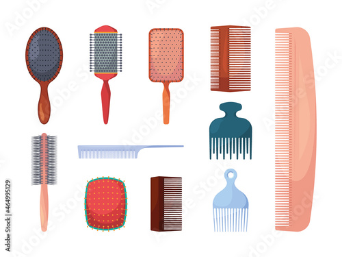 Hair combs. Barber shop items beauty salon objects woman combs collection garish vector isolated set