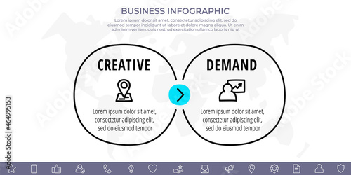 Hand-drawn vector line infographics with 2 circles and arrows. Flat chart process template with two steps. Modern timeline for business project, presentation, web, diagram, flowchart