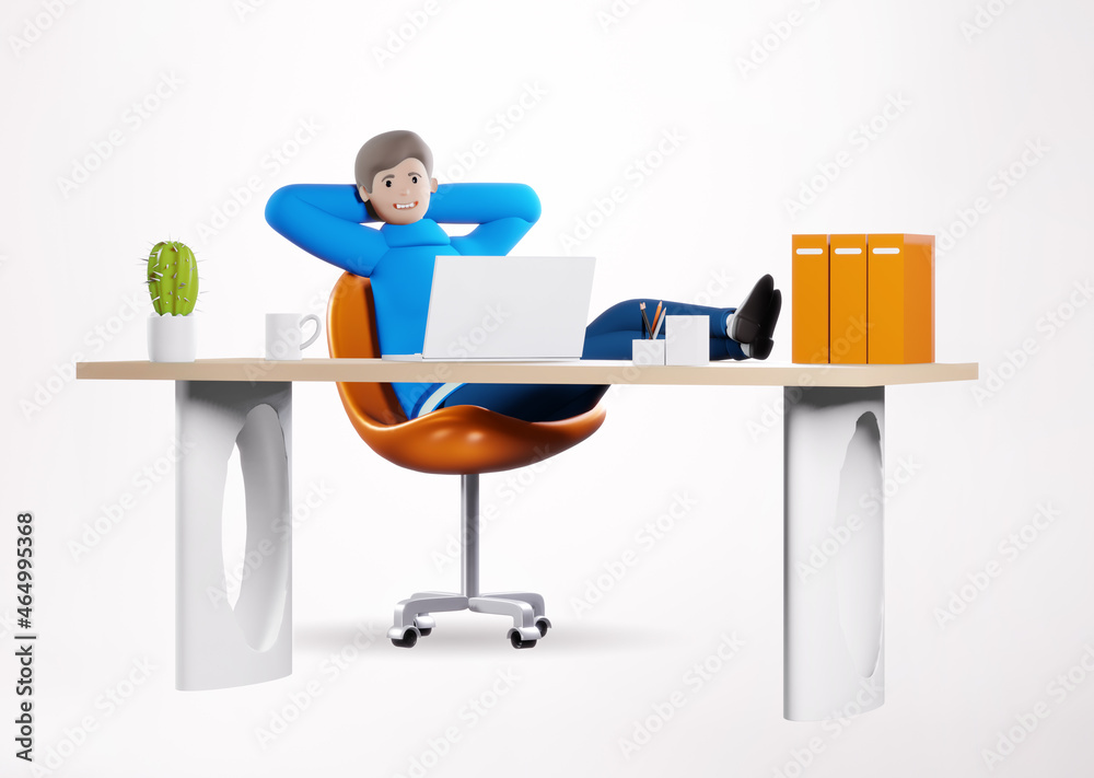 Fototapeta premium 3D rendering illustration. Successful happy businessman working in office by his desk. Office working environment. Busy businessman working with computer, thinking, dreaming