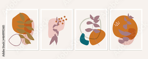 Botanical wall art posters collection. Set of simple leaves branches drawings with abstract shapes in pastel colors. Artistic wildlife nature art. Minimalist modern  background. © dinadankersdesign