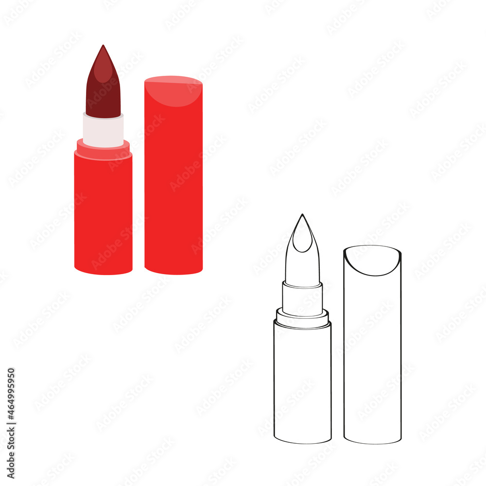 A vector illustration of lipsticks isolated on transparent background. Designed in black and white, red, maroon colors as a coloring book page. A vector illustration of lipsticks isolated on transparent background. Designed in black and white, red, maroon colors as a coloring book page.