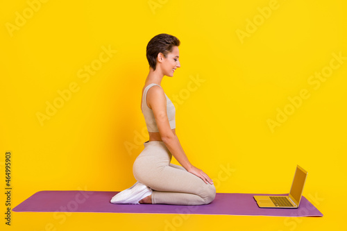 Photo of peaceful serene lady sit mat watch yoga pc lesson wear grey cropped top isolated yellow color background