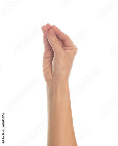 Hand of young woman showing fingers over isolated white background doing Italian gesture with fingers together, communication gesture movement
