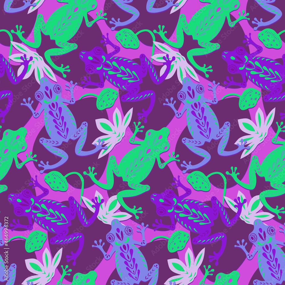 Violet green frogs on a pond with lilies and leaves. Seamless pattern. Paper cut flat style. Fabric decoration. Print for clothes. Textile design. Hand-drawn cute character. Vector Violet green frogs on a pond with lilies and leaves. Seamless pattern. Paper cut flat style. Fabric decoration. Print for clothes. Textile design. Hand-drawn cute character. Vector