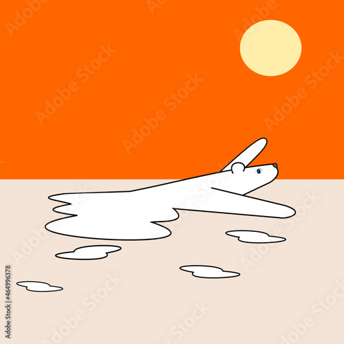 The polar bear is struggling as the body is melting into a liquid on orange color sky and yellow sun in background, Illustration negative metaphors about the impact of global warming on animals