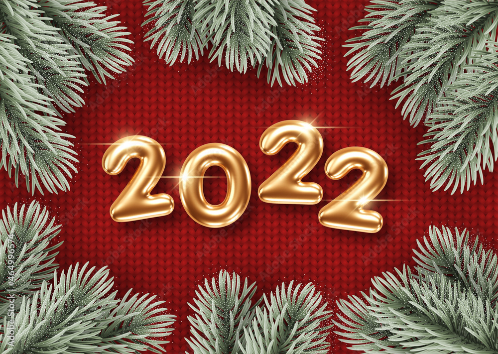 2022 New Year card template with golden 3d numbers and pine branches on knitted background 2022 New Year card template with golden 3d numbers and pine branches on knitted background