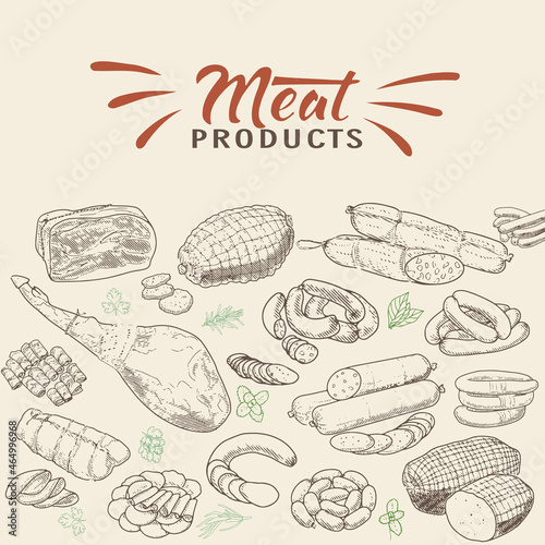 Set of meat products and meat delicacies. Sausages, ham, bacon, lard, salami in sketch style.