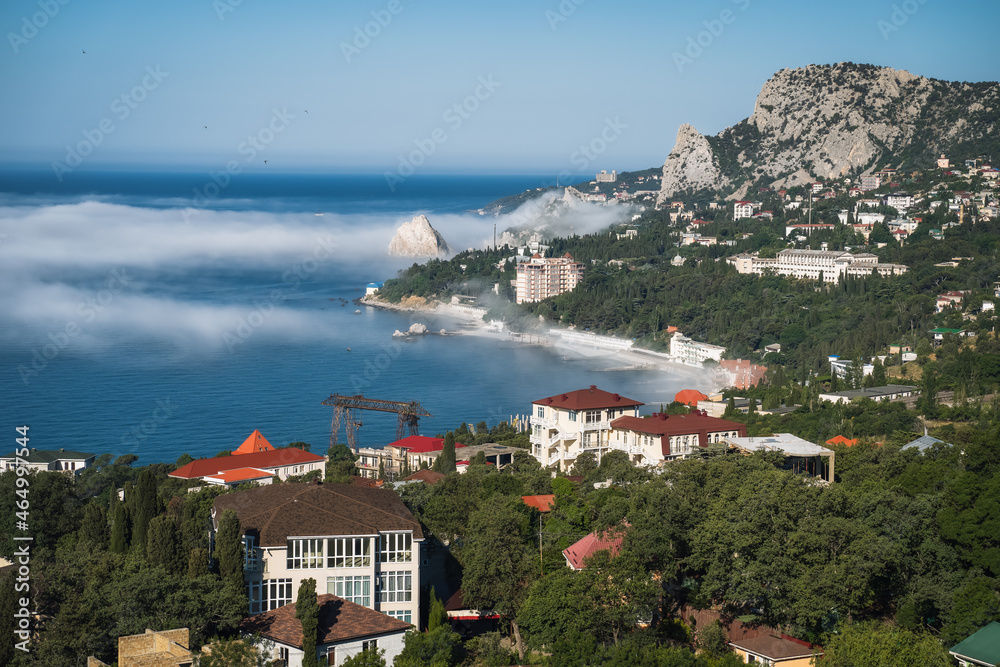 Spring fog over the village of Simeiz Crimea