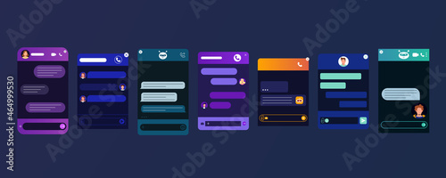 Chat bot window. User interface of application with online dialogue. Flat design for website or mobile app. Dark night mode. Chatbot or robot assistant for online customer service support.