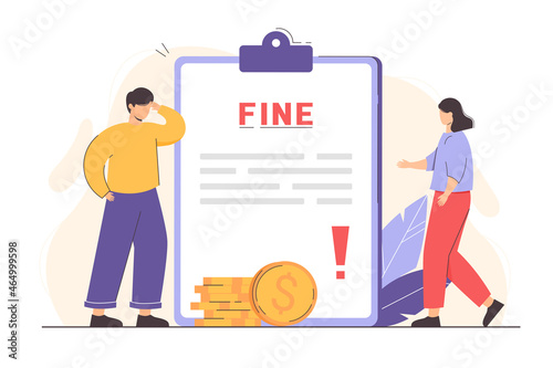 Flat people getting paper sheet with fine. Man and woman paying traffic bill, tax or parking fee. Penalty of money, debt or financial punishment from police.