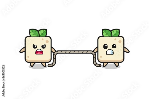 cute tofu character is playing tug of war game