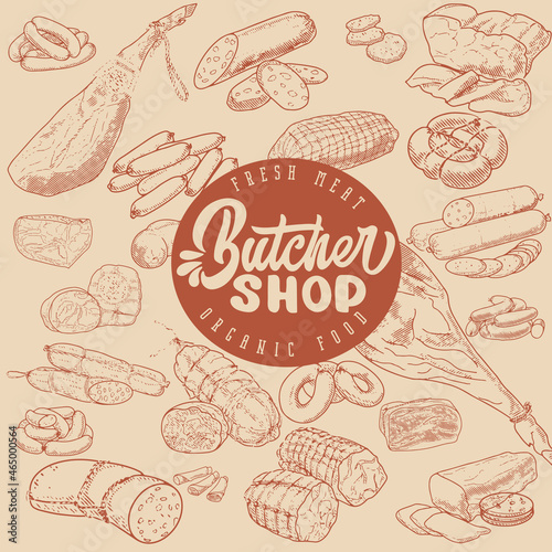 Set of meat products and meat delicacies. Sausages, ham, bacon, lard, salami in sketch style.
