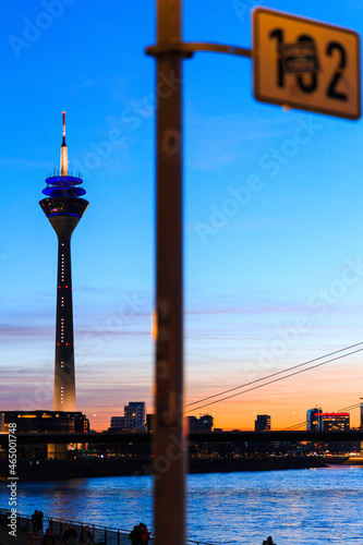 View on the Rhinetower, Mediaharbour and Parliament from the Rivcerside in Düsseldorf, Germany