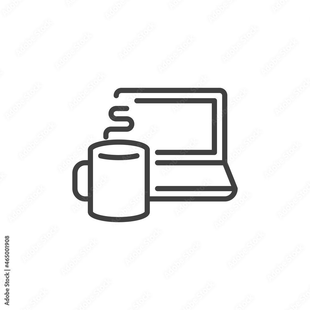 Laptop and coffee cup line icon Laptop and coffee cup line icon