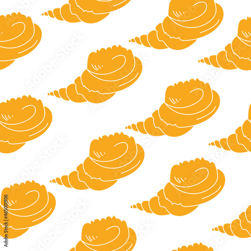 seamless pattern of silhouettes of molluscs with a spiral shell, orange seashells on a white background
