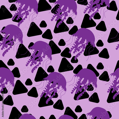 Purple silhouette of jellyfish with black triangles seamless pattern, bright silhouettes of underwater animals on a light purple background