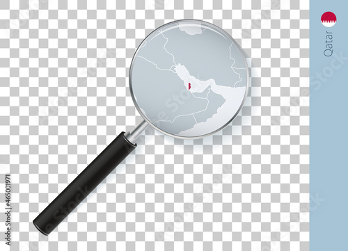 Qatar map with flag in magnifying glass on transparent background.