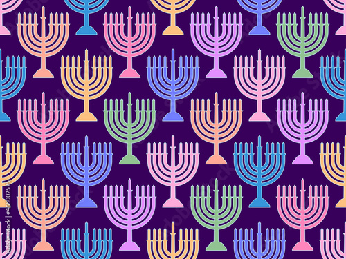 Hanukkah seamless pattern with menorah with nine candle. Jewish festival background for brochures, banners and wrapping paper. Vector illustration