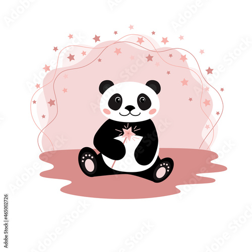 Cute panda with magik wand on the peach clouds with stars backbackground. Vector illustration in flat stile. 