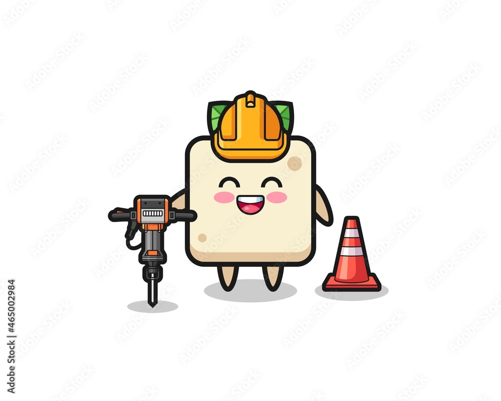 Fototapeta premium road worker mascot of tofu holding drill machine