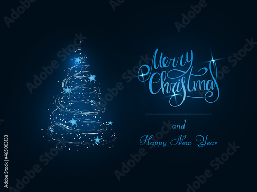Handwritten blue lettering on a dark blue background. Magic Christmas tree made of snowstorms and snowflakes tree with a blue stars. Merry Christmas and Happy New Year 2022.
