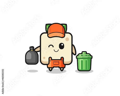 the mascot of cute tofu as garbage collector