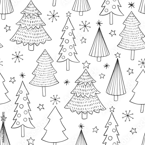 Doodle Christmas Tree with stars in black and white. Holiday seamless vector pattern hand-drawn outlines.