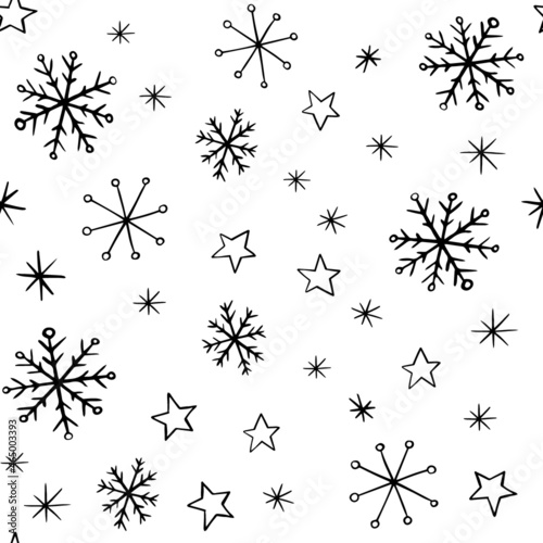Christmas doodle stars and snowflakes in black and white. Winter seamless vector pattern  holiday outline.