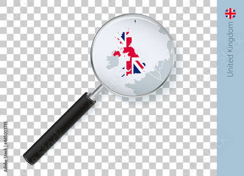 United Kingdom map with flag in magnifying glass on transparent background.