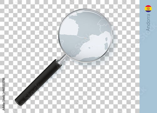 Andorra map with flag in magnifying glass on transparent background.