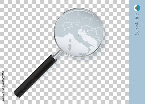 San Marino map with flag in magnifying glass on transparent background.