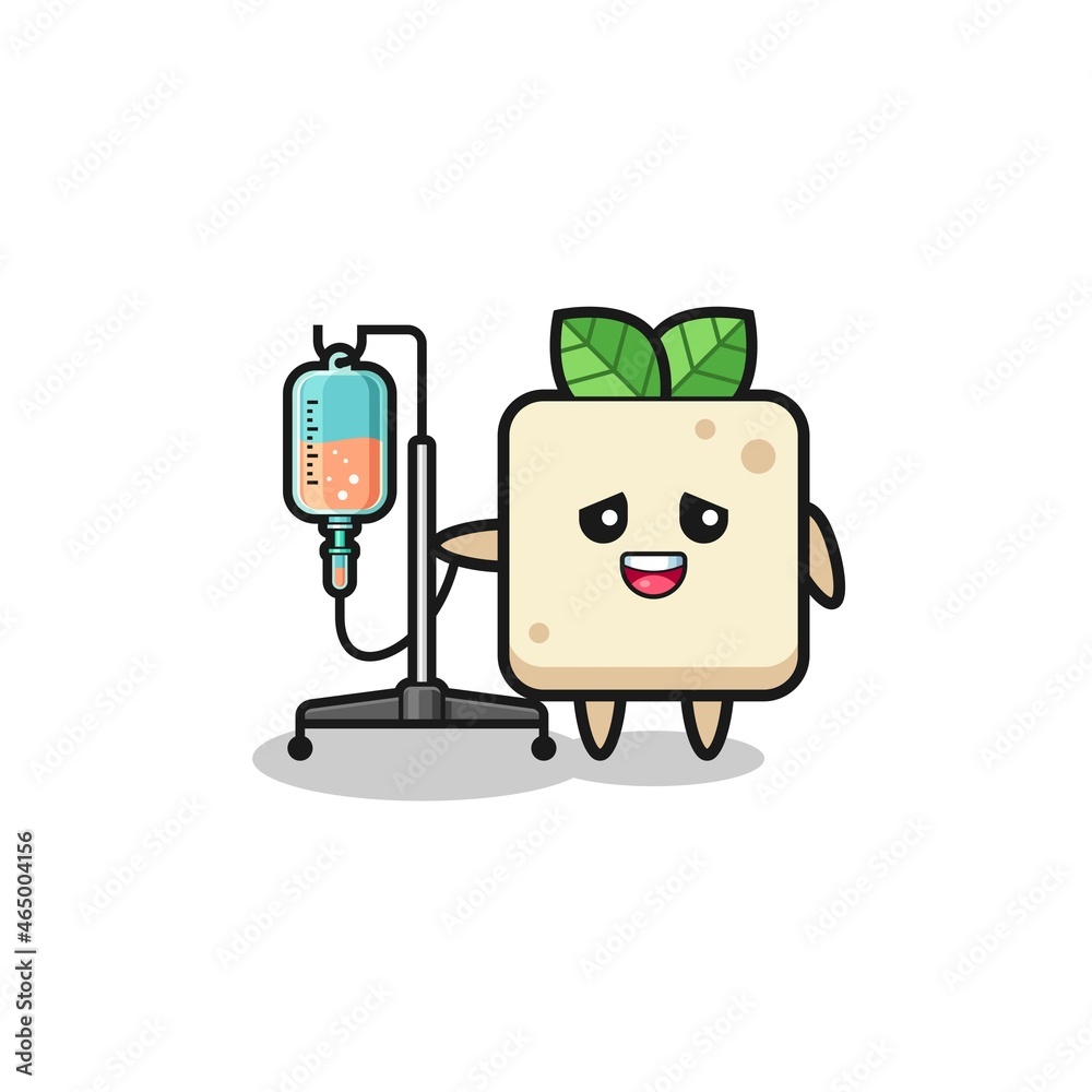 cute tofu character standing with infusion pole