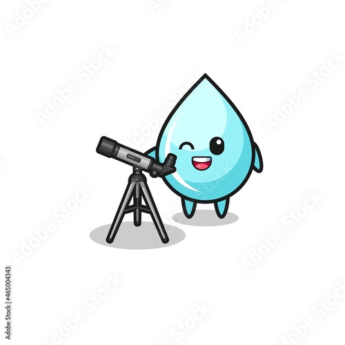 water drop astronomer mascot with a modern telescope