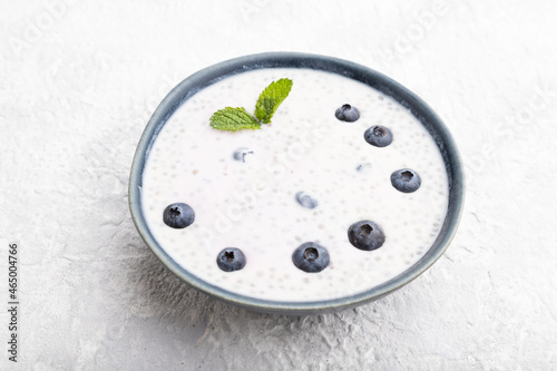 Yogurt with blueberry in ceramic bowl on gray concrete background. Side view, copy space.