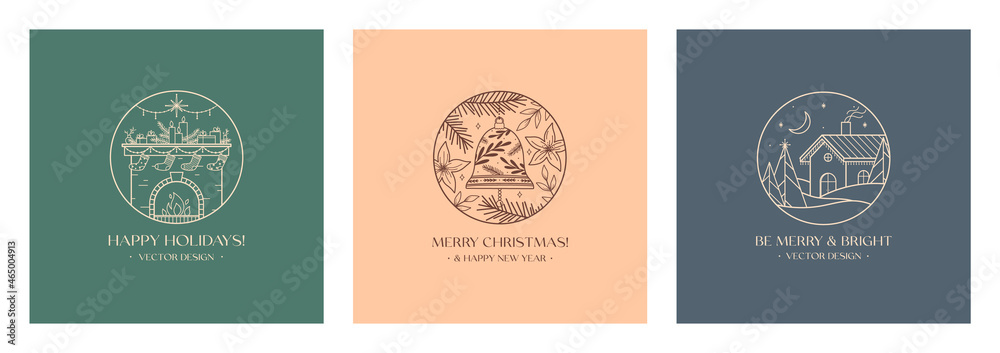 Xmas linear emblems with decorated fireplace,bell,winter forest landscape and house.Vector Christmas and New Year festive logos with traditional winter holiday symbols.Holiday celebration concept.