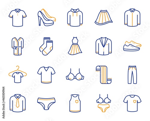Clothes line icons. T-shirt, Footwear and bathrobe icons. Hoody sweatshirt, T-shirt with hanger and suit. Skirt, Women dress and high heels shoes. Socks, panties with bra and bathrobe. Vector