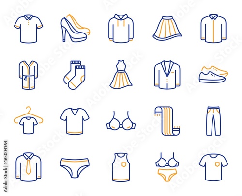 Clothes line icons. T-shirt  Footwear and bathrobe icons. Hoody sweatshirt  T-shirt with hanger and suit. Skirt  Women dress and high heels shoes. Socks  panties with bra and bathrobe. Vector